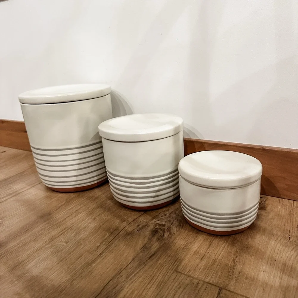 Hearth & Hand‎ Magnolia Stoneware 3 Crocks Cream & Gray Stripes w/ Lids Lg Md Sm